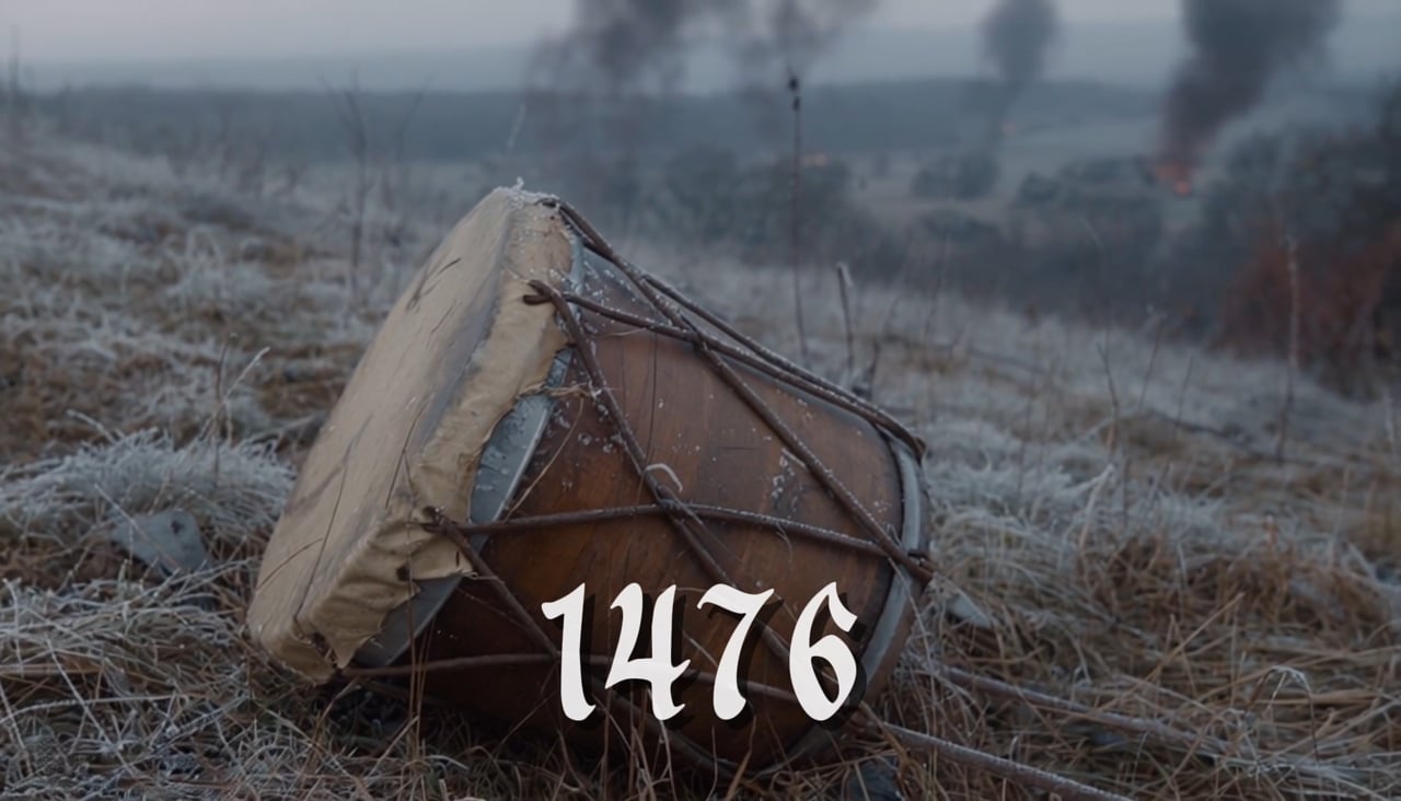1476 Blood and Drums: a rope drum on a frost-covered battlefield.
